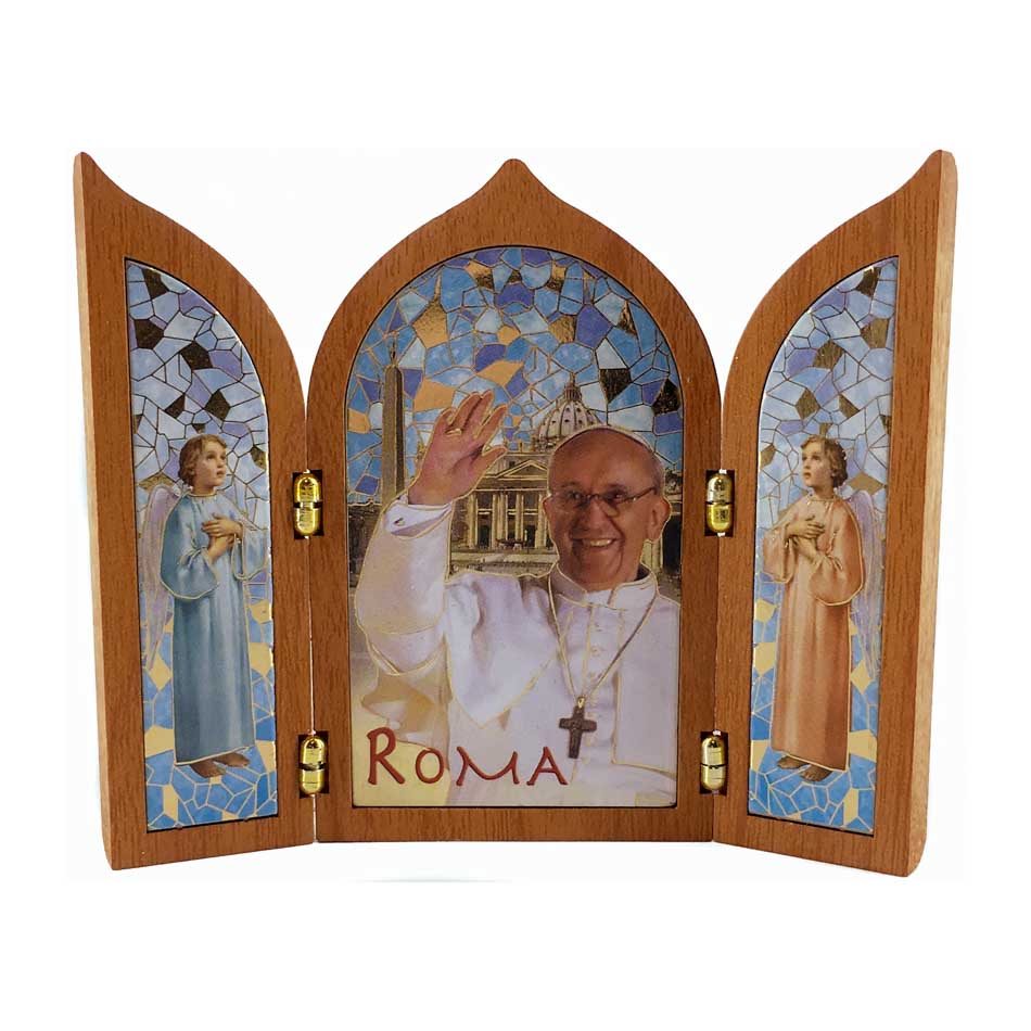 MONDO CATTOLICO Triptych Pope Francis and Angels in Wood 10x12 cm