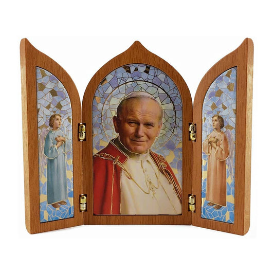 MONDO CATTOLICO Triptych Pope John Paul II and Angels in Wood 10x12 cm