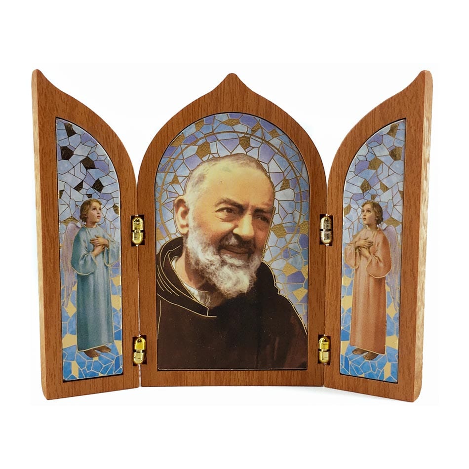 MONDO CATTOLICO Triptych St. Padre Pio and Angels in Wood 10x12 cm