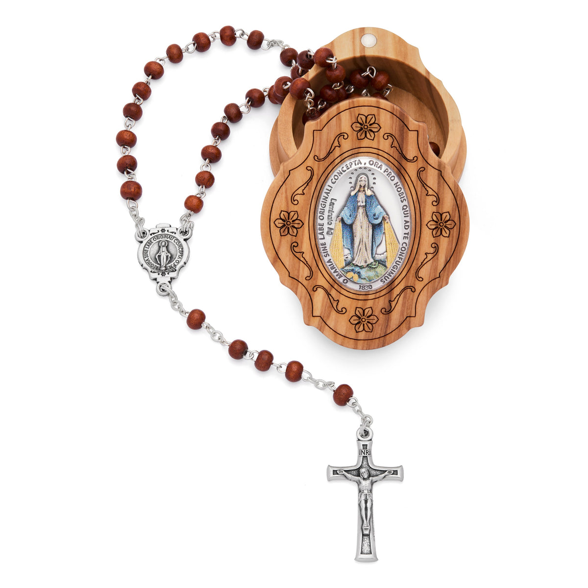 Olive Wood Colored Our Lady of the Miraculous Medal Rosary Case With ...