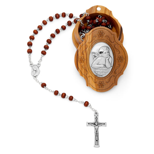 Mondo Cattolico Rosary Box 5x6 cm (1.97x2.36 in) / 3x5 mm (0.12x0.2 in) / 41 cm (16.14 in) Ulive Wood Putto Angel Rosary Case With Wood Rosary