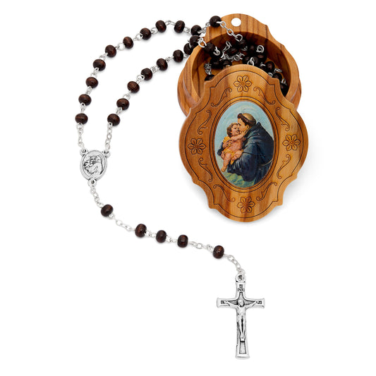 Mondo Cattolico Rosary Box Ulive Wood Saint Anthony of Padua Rosary Case With Wood Rosary