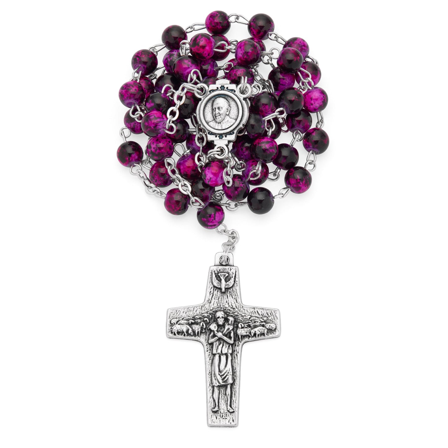 MONDO CATTOLICO ROMA Prayer Beads 45 cm (17.72 in) / 62 cm (24.41 in) / 6 mm (0.24 in) Variegated Glass Rosary with Good Shepherd Cross