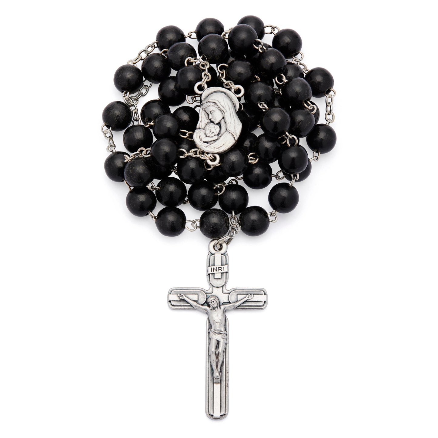 MONDO CATTOLICO ROMA Rosary 54 cm (21.26 in) / 72 cm (28.35 in) / 8 mm (0.31 in) Virgin Mary and Child Rosary with Black Wood Beads
