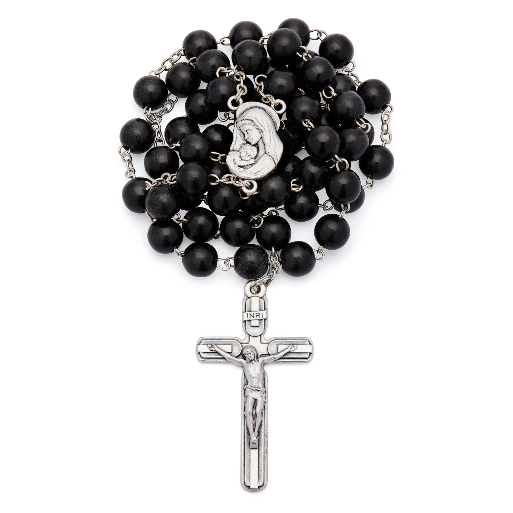 MONDO CATTOLICO ROMA Rosary 54 cm (21.26 in) / 72 cm (28.35 in) / 8 mm (0.31 in) Virgin Mary and Child Rosary with Black Wood Beads