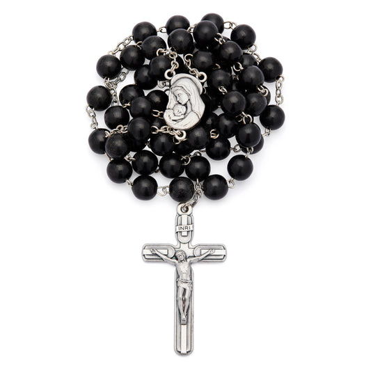 MONDO CATTOLICO ROMA Rosary 54 cm (21.26 in) / 72 cm (28.35 in) / 8 mm (0.31 in) Virgin Mary and Child Rosary with Black Wood Beads