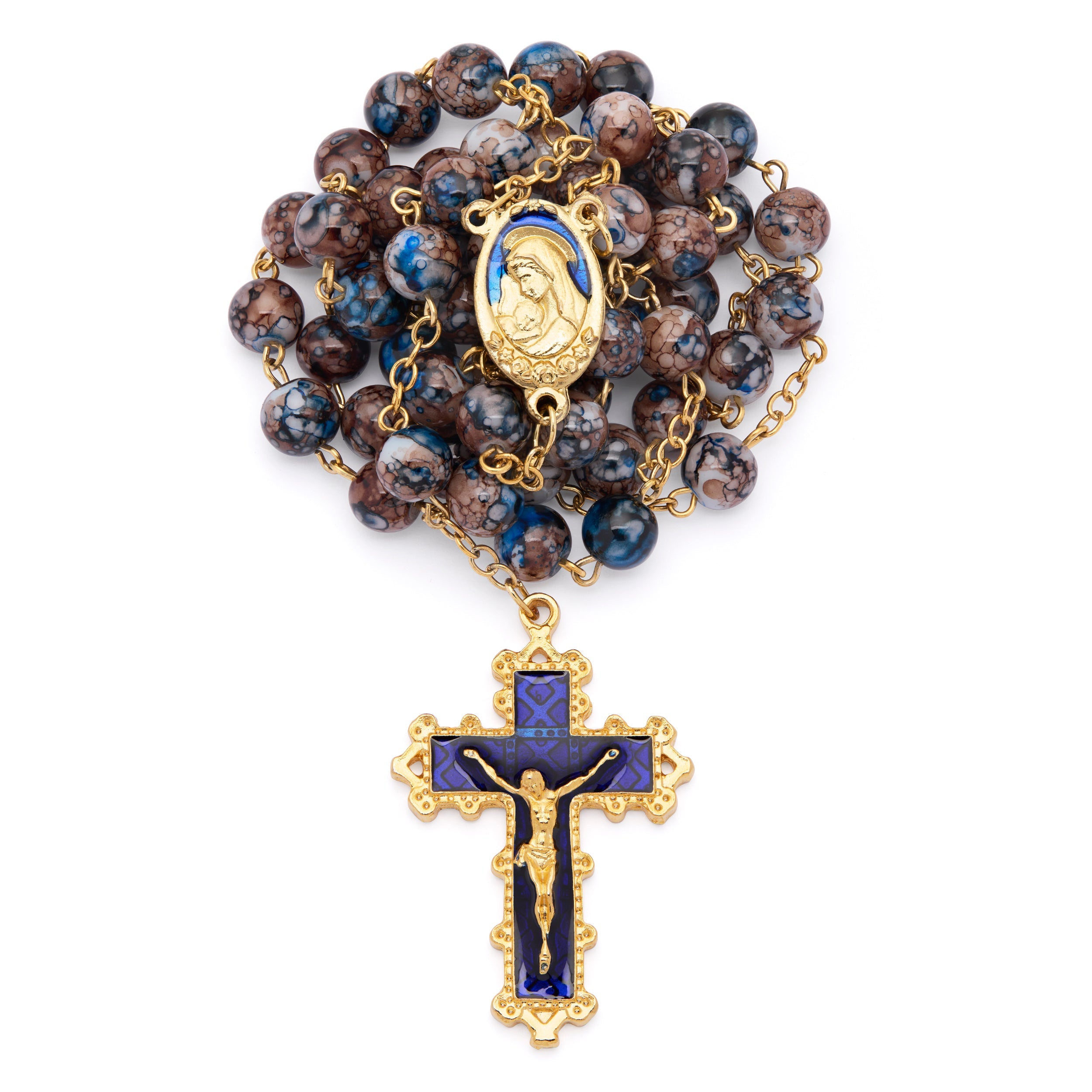 Virgin Mary and Child Rosary with Blue and Brown Glass Beads