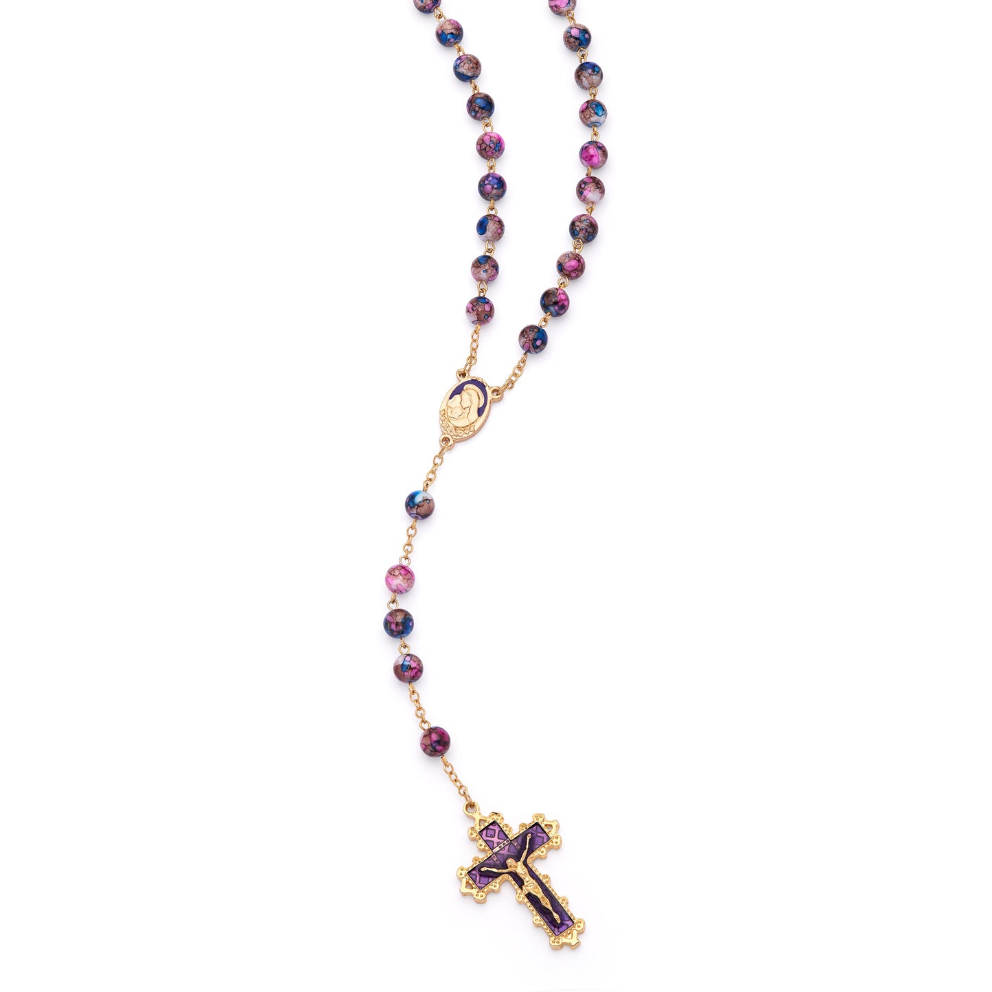 MONDO CATTOLICO ROMA Rosary 60 cm (23.62 in) / 80 cm (31.50 in) / 8 mm (0.31 in) Virgin Mary and Child Rosary with Blue and Fuchsia Glass Beads
