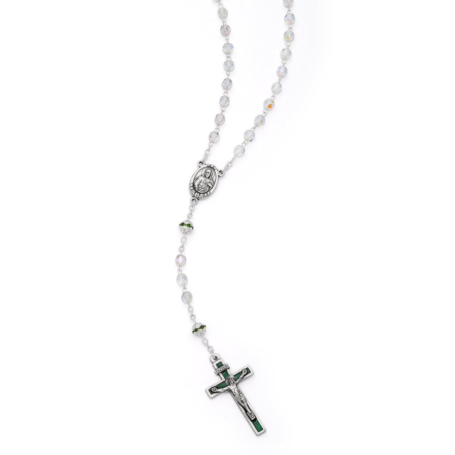 MONDO CATTOLICO ROMA Rosary 40 cm (15.75 in) / 52 cm (20.47 in) / 5 mm (0.20 in) Virgin Mary and Child Rosary with Clear Crystal Beads and Green Details