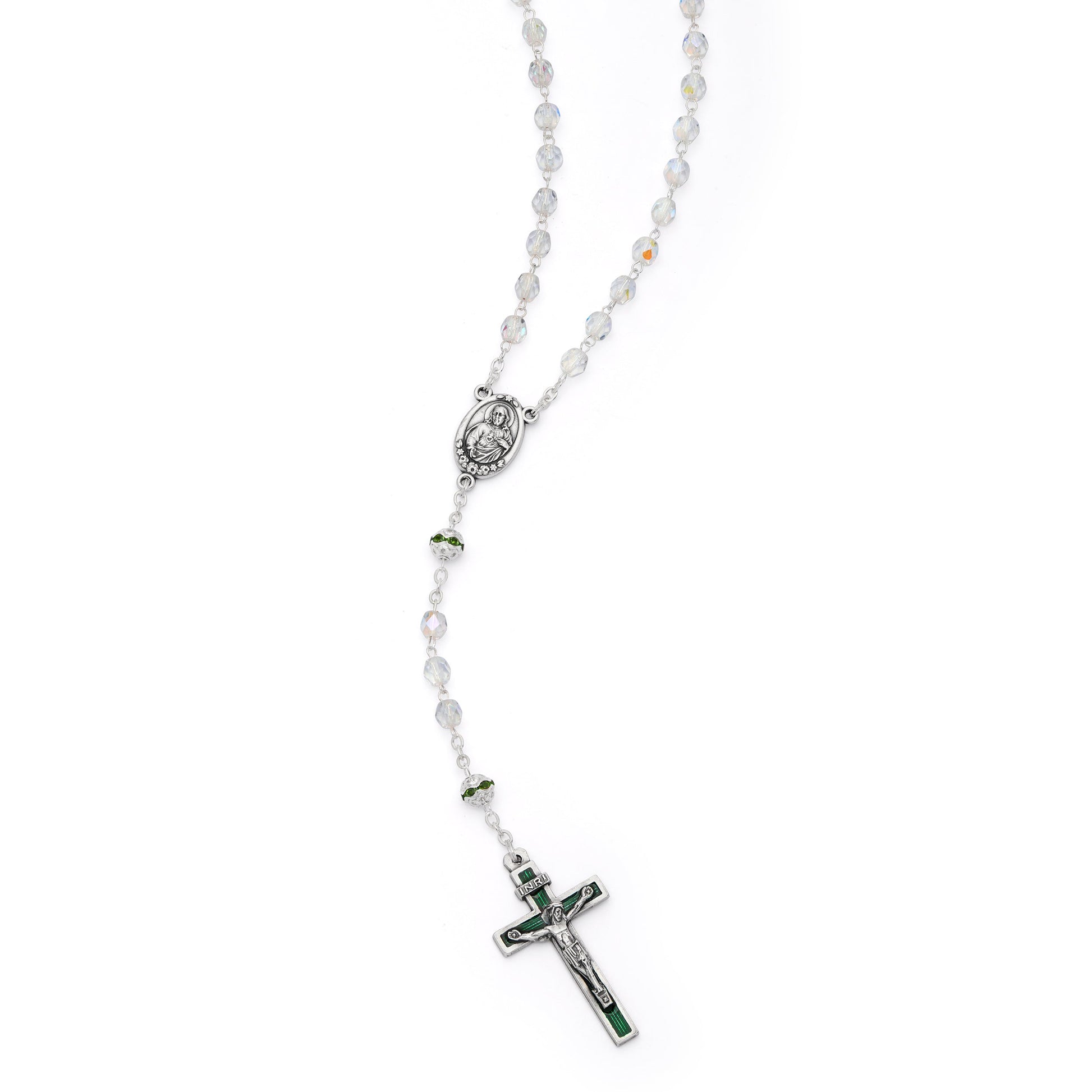 MONDO CATTOLICO ROMA Rosary 40 cm (15.75 in) / 52 cm (20.47 in) / 5 mm (0.20 in) Virgin Mary and Child Rosary with Clear Crystal Beads and Green Details