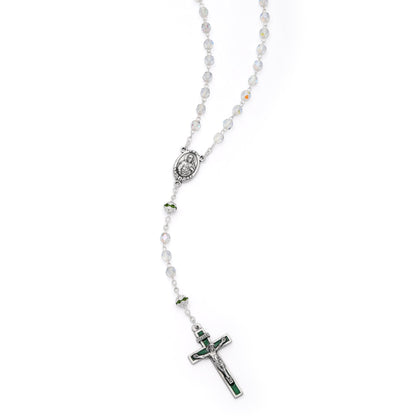 MONDO CATTOLICO ROMA Rosary 40 cm (15.75 in) / 52 cm (20.47 in) / 5 mm (0.20 in) Virgin Mary and Child Rosary with Clear Crystal Beads and Green Details