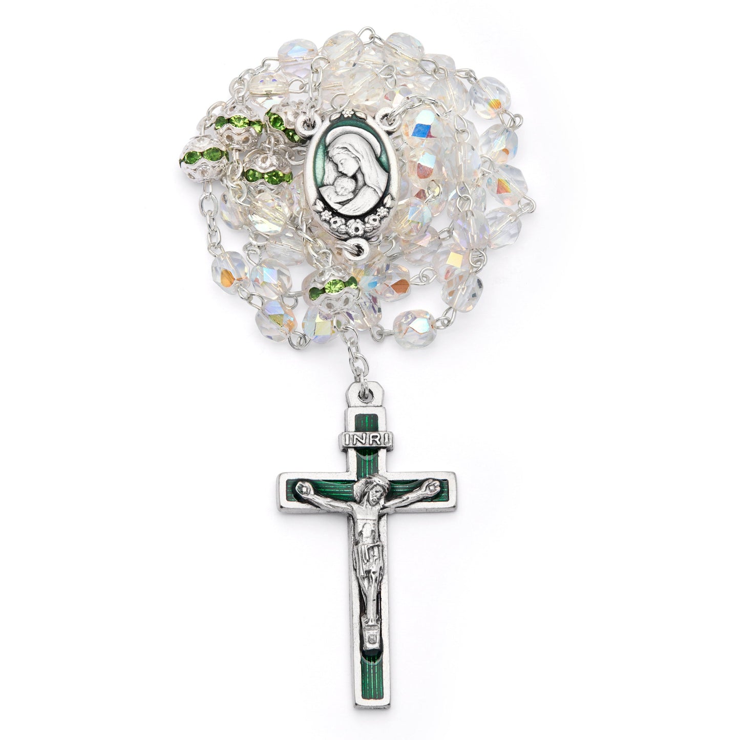 MONDO CATTOLICO ROMA Rosary 40 cm (15.75 in) / 52 cm (20.47 in) / 5 mm (0.20 in) Virgin Mary and Child Rosary with Clear Crystal Beads and Green Details