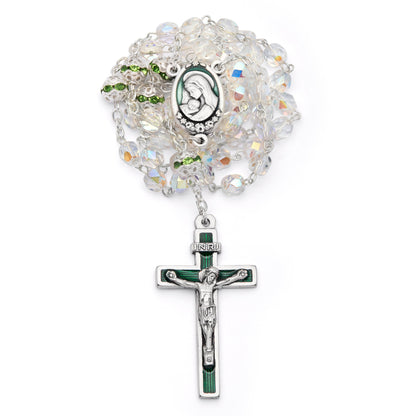 MONDO CATTOLICO ROMA Rosary 40 cm (15.75 in) / 52 cm (20.47 in) / 5 mm (0.20 in) Virgin Mary and Child Rosary with Clear Crystal Beads and Green Details