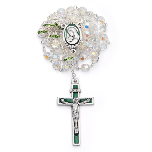 MONDO CATTOLICO ROMA Rosary 40 cm (15.75 in) / 52 cm (20.47 in) / 5 mm (0.20 in) Virgin Mary and Child Rosary with Clear Crystal Beads and Green Details