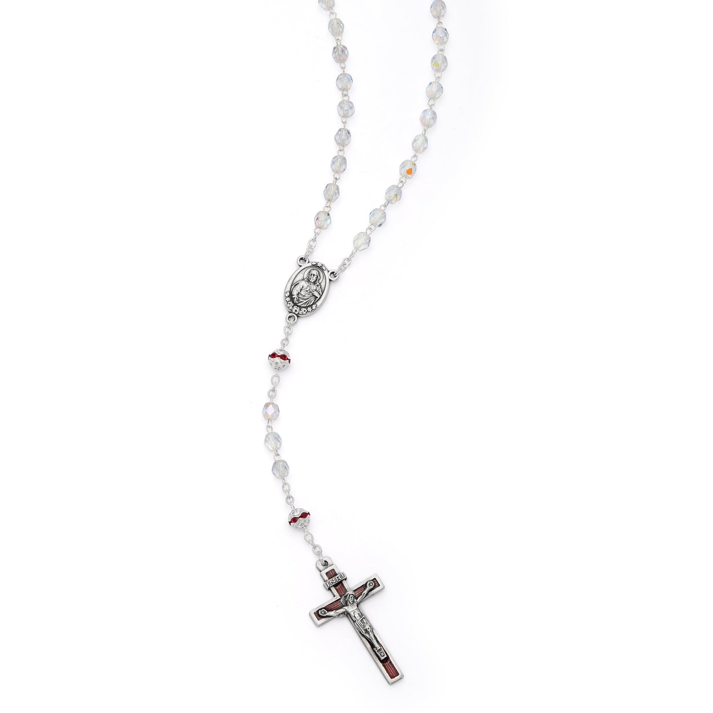 MONDO CATTOLICO ROMA Rosary 40 cm (15.75 in) / 52 cm (20.47 in) / 5 mm (0.20 in) Virgin Mary and Child Rosary with Clear Crystal Beads and Red Details