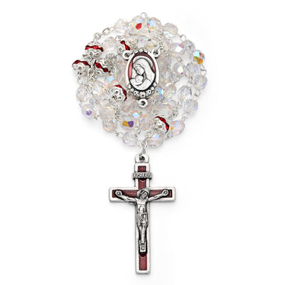 MONDO CATTOLICO ROMA Rosary 40 cm (15.75 in) / 52 cm (20.47 in) / 5 mm (0.20 in) Virgin Mary and Child Rosary with Clear Crystal Beads and Red Details