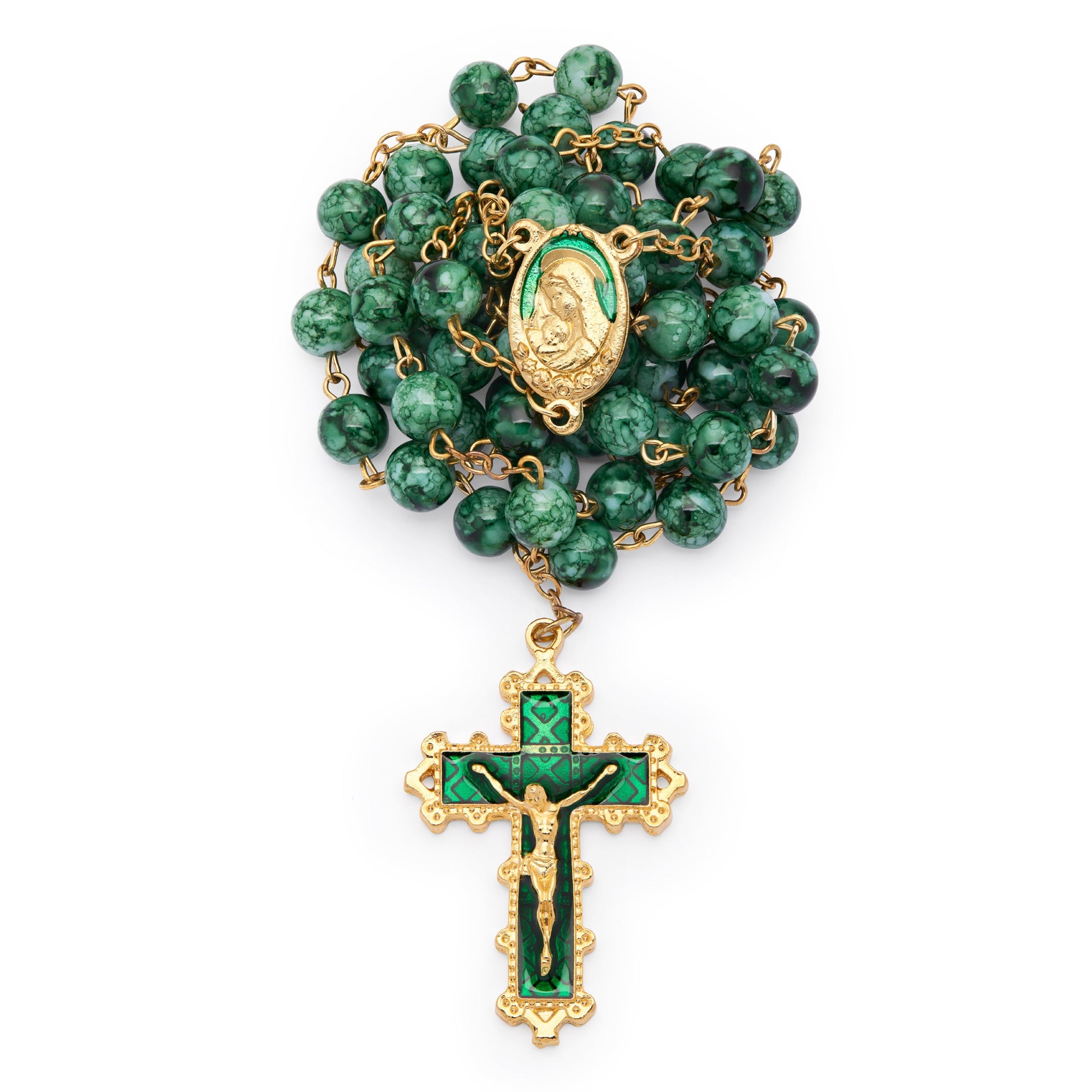 MONDO CATTOLICO ROMA Rosary 60 cm (23.62 in) / 80 cm (31.50 in) / 8 mm (0.31 in) Virgin Mary and Child Rosary with Dark Green Glass Beads