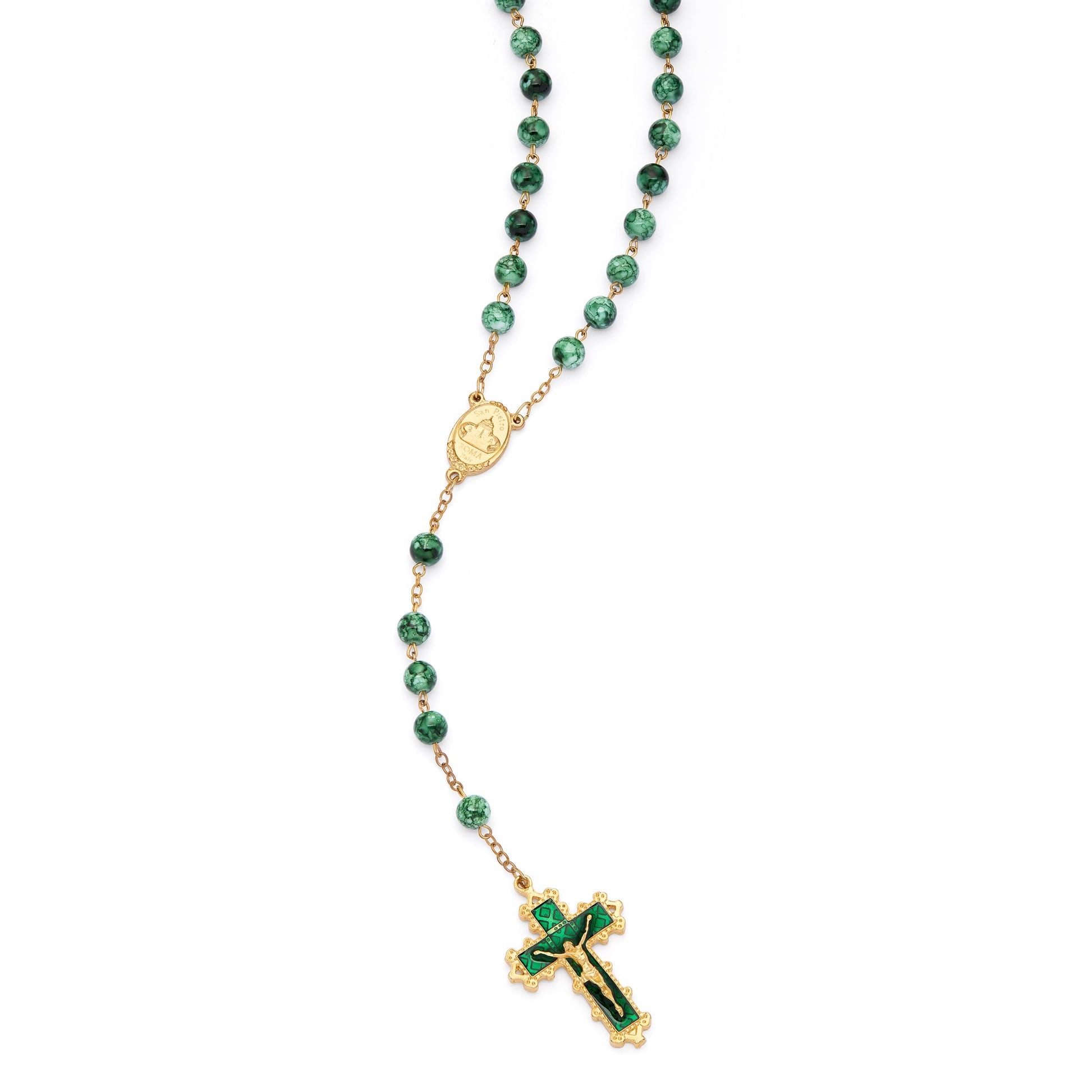 MONDO CATTOLICO ROMA Rosary 60 cm (23.62 in) / 80 cm (31.50 in) / 8 mm (0.31 in) Virgin Mary and Child Rosary with Dark Green Glass Beads