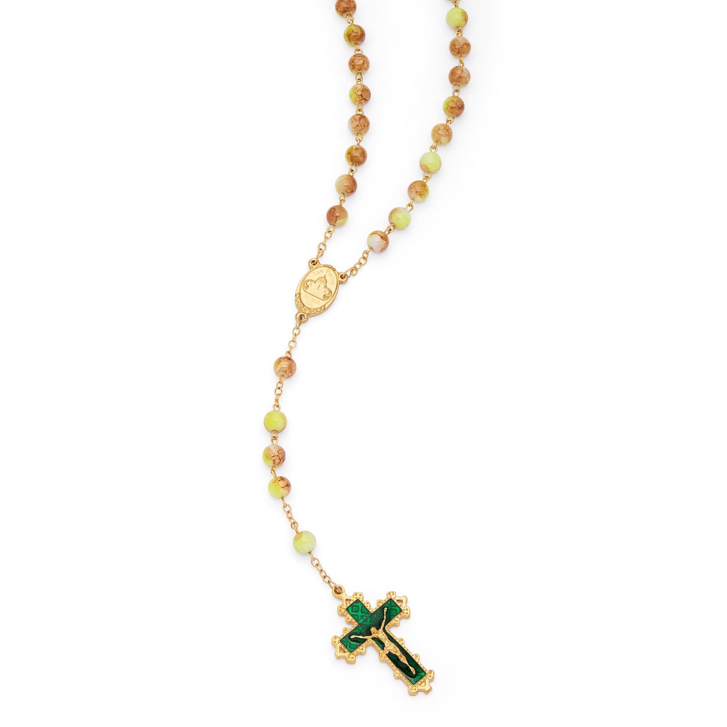 MONDO CATTOLICO ROMA Rosary 60 cm (23.62 in) / 80 cm (31.50 in) / 8 mm (0.31 in) Virgin Mary and Child Rosary with Green and Yellow Glass Beads