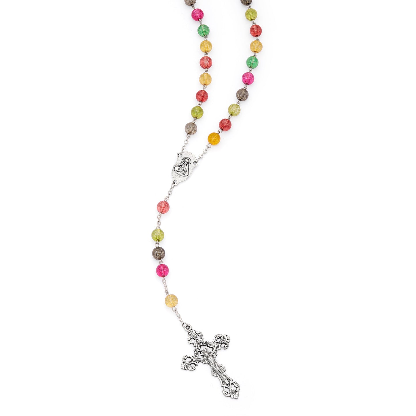 MONDO CATTOLICO ROMA Rosary 56 cm (22.05 in) / 74 cm (29.13 in) / 8 mm (0.31 in) Virgin Mary and Child Rosary with Multicolor Glitter Beads