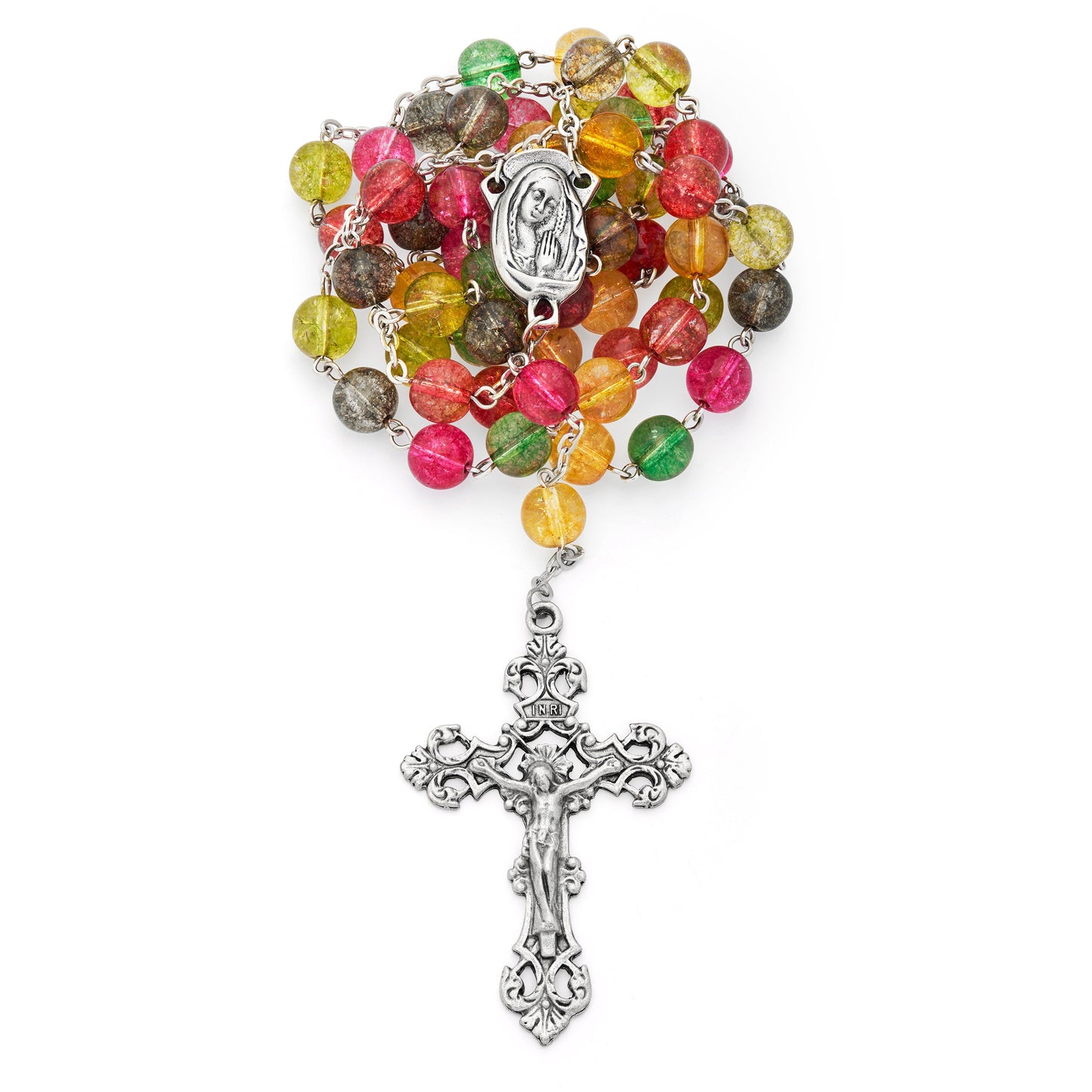 MONDO CATTOLICO ROMA Rosary 56 cm (22.05 in) / 74 cm (29.13 in) / 8 mm (0.31 in) Virgin Mary and Child Rosary with Multicolor Glitter Beads