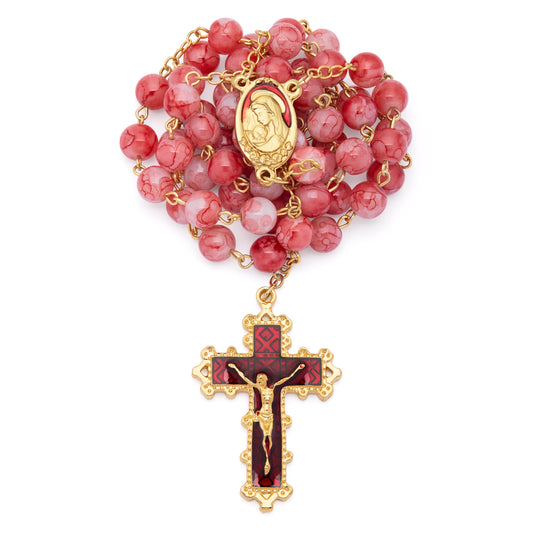 MONDO CATTOLICO ROMA Rosary 60 cm (23.62 in) / 80 cm (31.50 in) / 8 mm (0.31 in) Virgin Mary and Child Rosary with Red Coral Glass Beads
