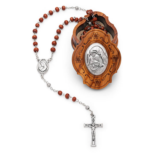 MONDO CATTOLICO Prayer Beads 38 cm (15 in) / 4 mm (0.15 in) Virgin Mary Rosary and Keepsake Case in Olive Wood
