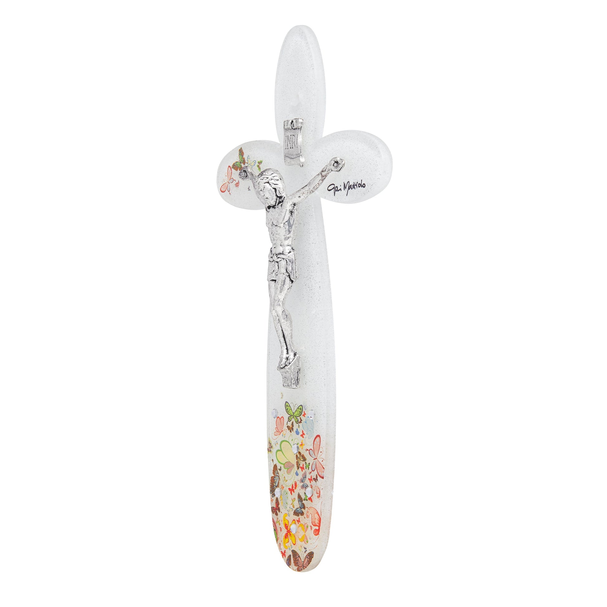 MONDO CATTOLICO Wall Cross Murano Glass Decorations with Butterflies