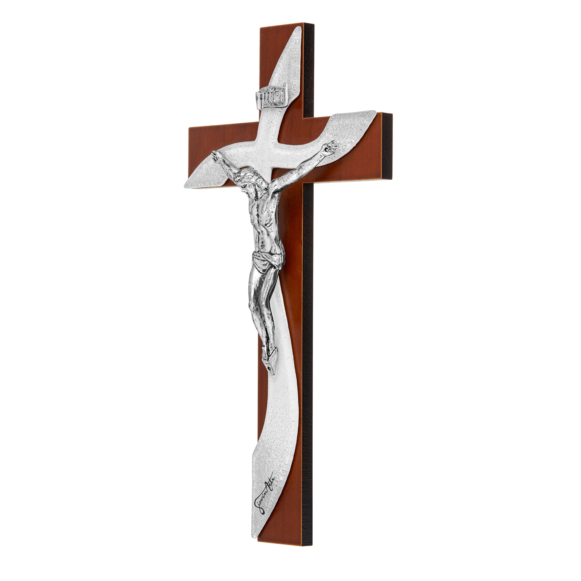 Mondo Cattolico Walnut Crucifix With White Murano Glass and Glitter