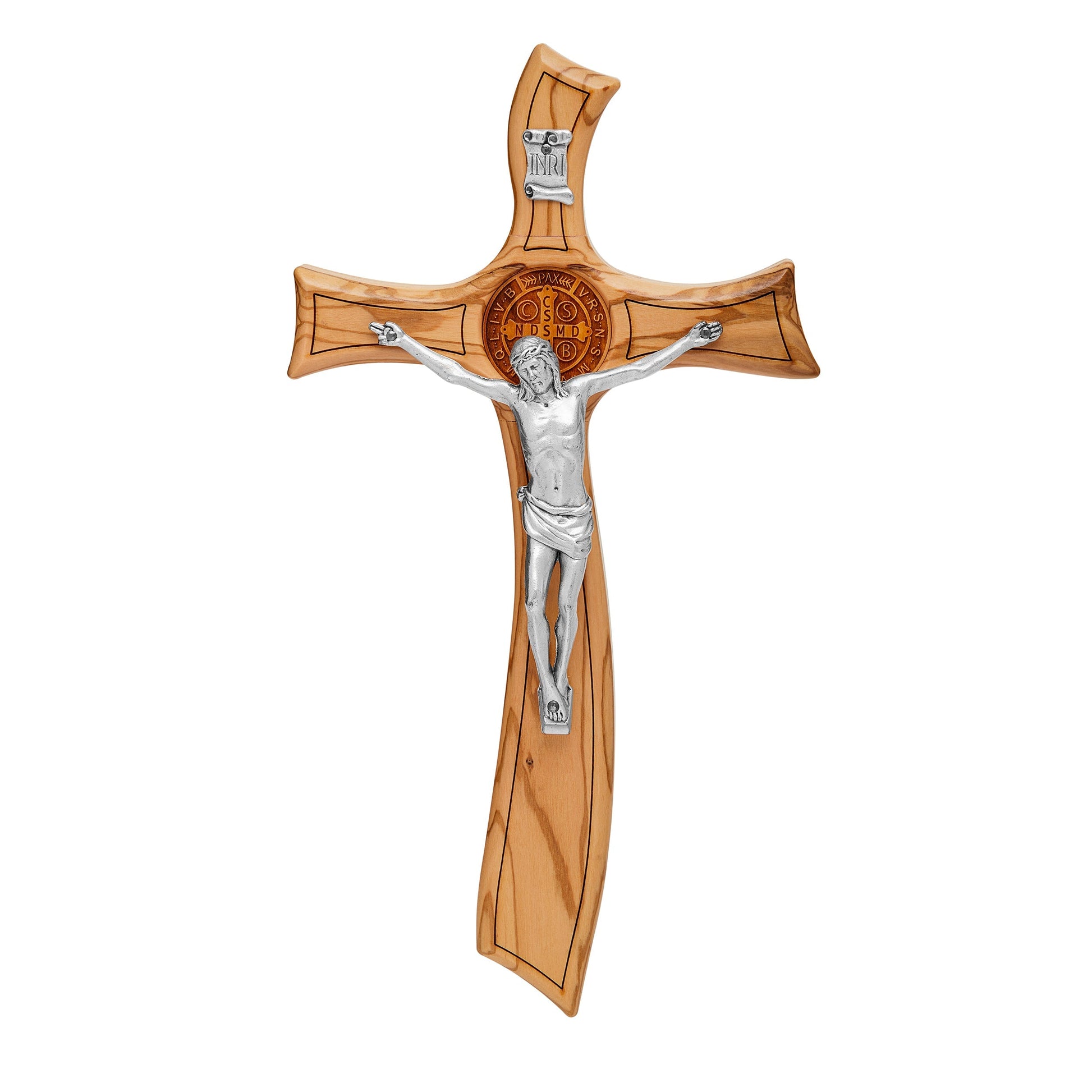 MONDO CATTOLICO 30 cm (11.81 in) Wavy Olive Wood Saint Benedict Crucifix