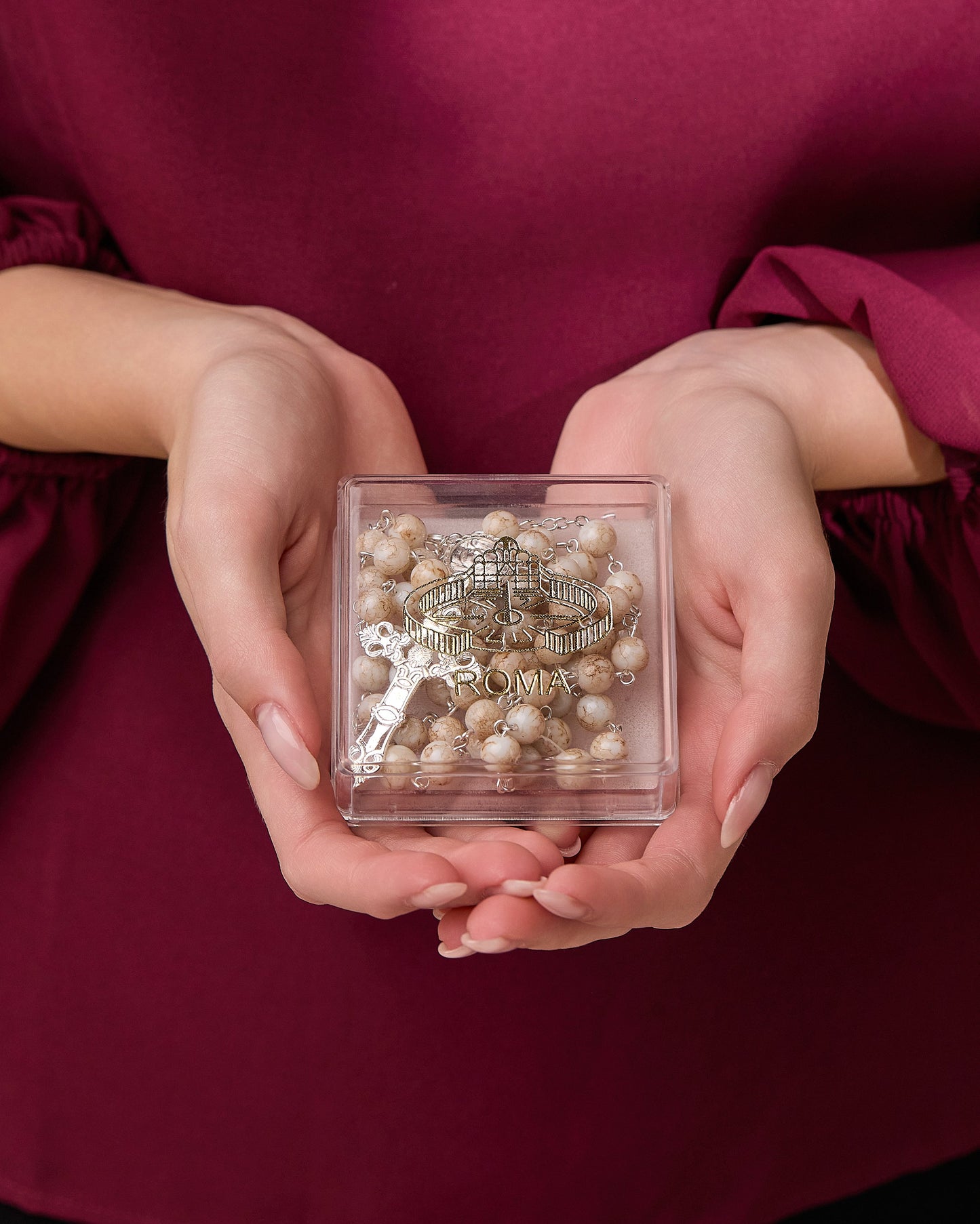 MONDO CATTOLICO ROMA Prayer Beads 55 cm (21.65 in) / 8 mm (0.3 in) White and Rose Marble Glass Rosary and Case