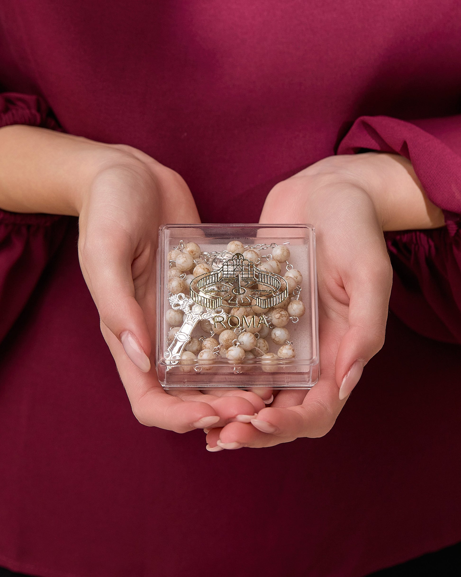 MONDO CATTOLICO ROMA Prayer Beads 55 cm (21.65 in) / 8 mm (0.3 in) White and Rose Marble Glass Rosary and Case