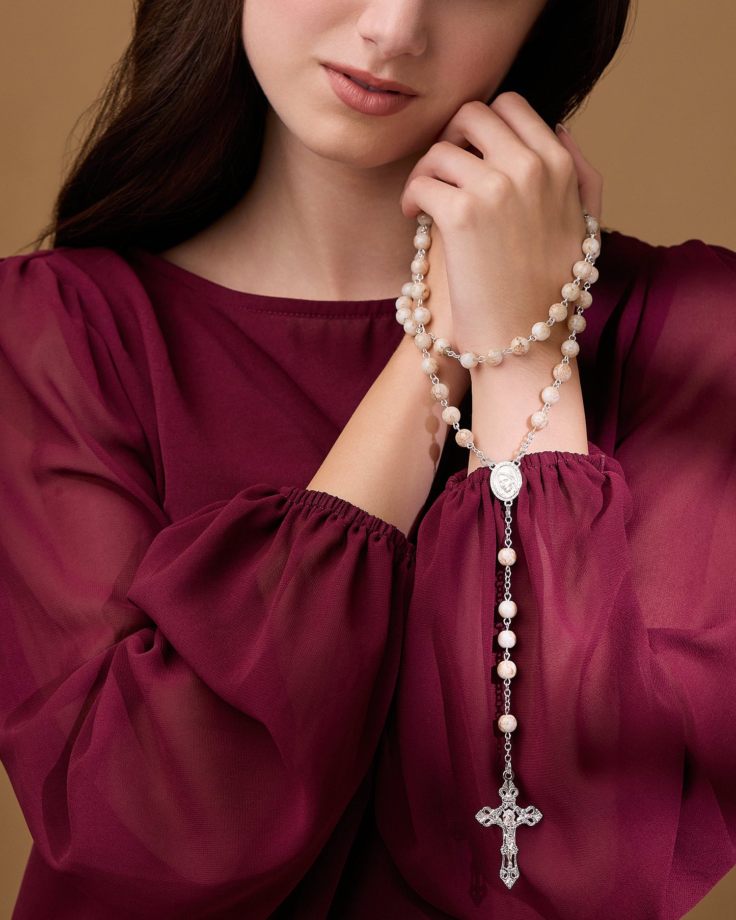 MONDO CATTOLICO ROMA Prayer Beads 55 cm (21.65 in) / 8 mm (0.3 in) White and Rose Marble Glass Rosary and Case