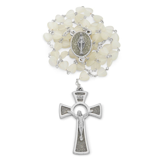 MONDO CATTOLICO Prayer Beads White Cat's Eyes Stone Rosary Small Hearts Beads