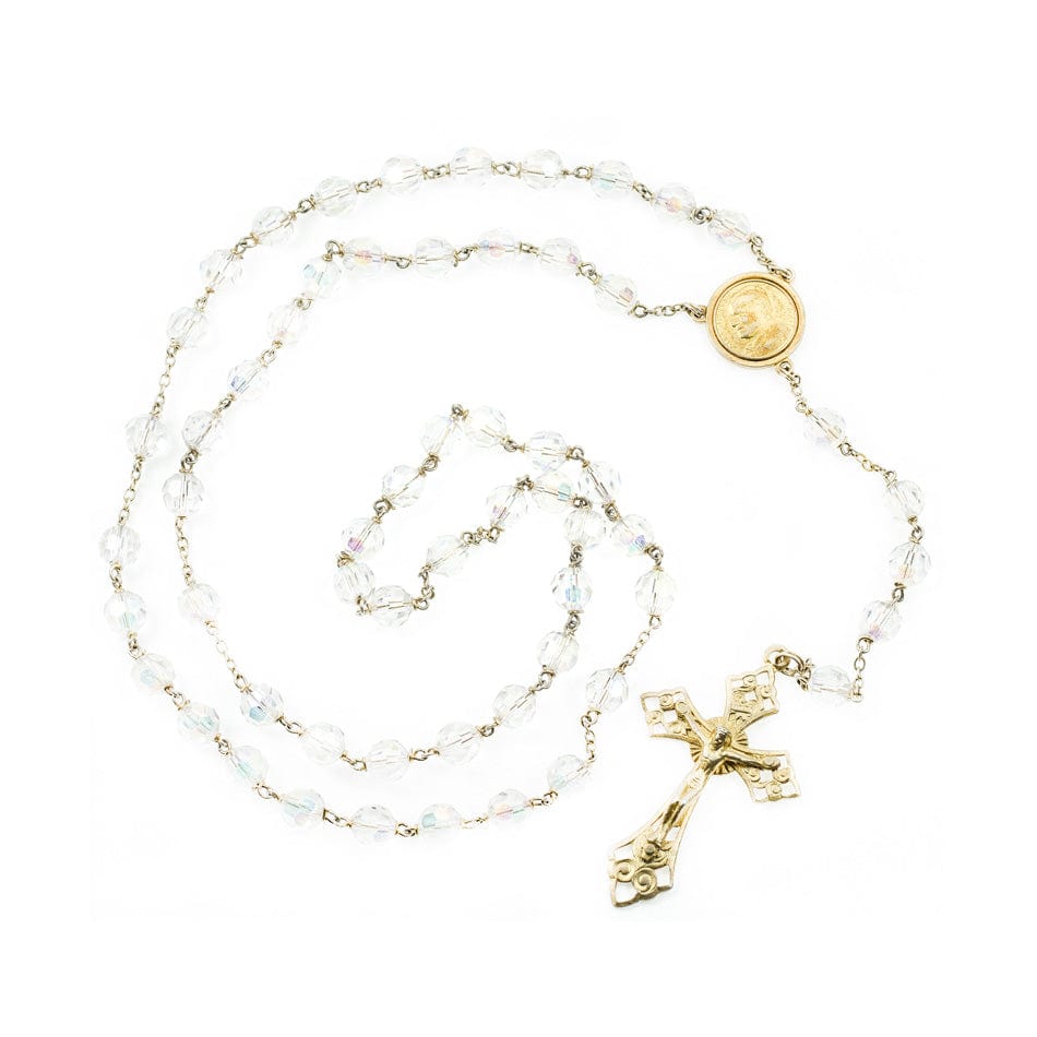 MONDO CATTOLICO Prayer Beads 45.5 cm (17.9 in) / 6 mm (0.23 in) White Crystal Rosary in Gold Plated with Saint John Paul II