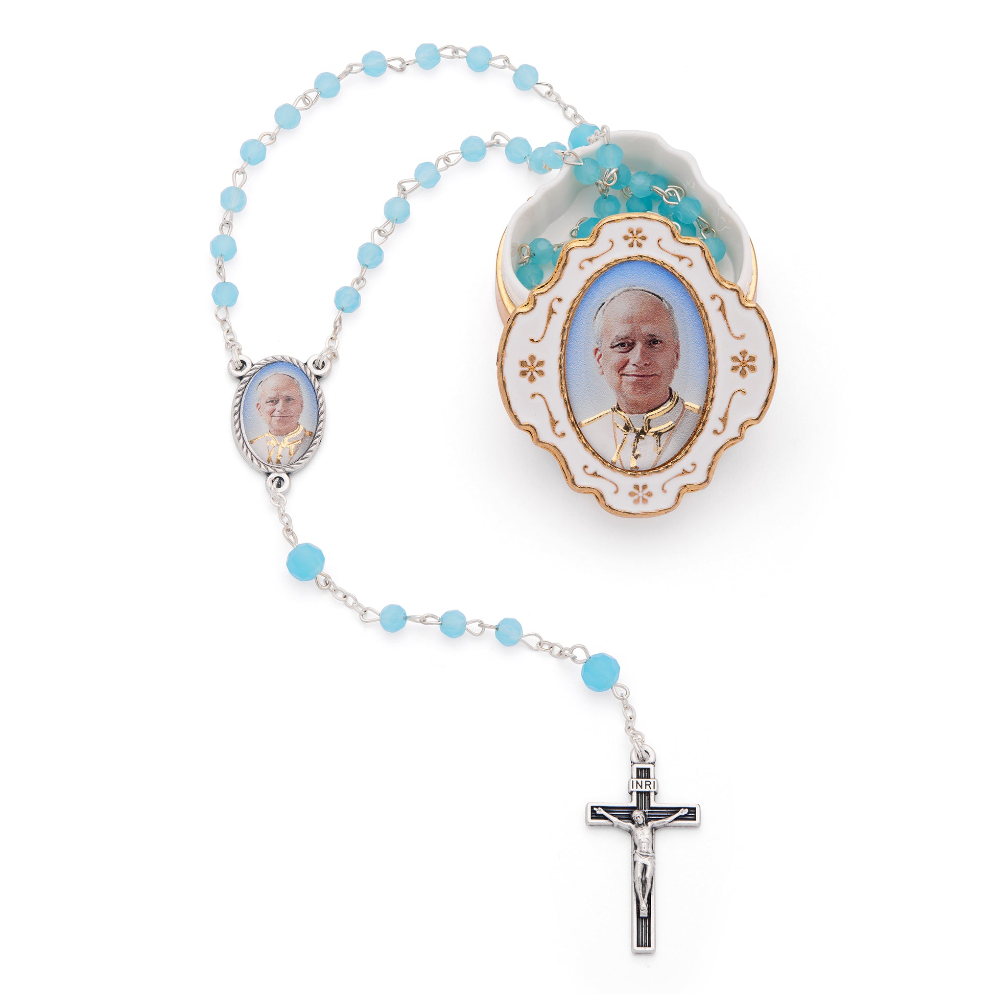 MONDO CATTOLICO ROMA Rosary Box 4 x 4.5 cm (1.57 x 1.77 in) / 42 cm (16.54 in) / 4 mm (0.16 in) White Enamel Pope Leo XIV Rosary Case with Light Blue Rosary