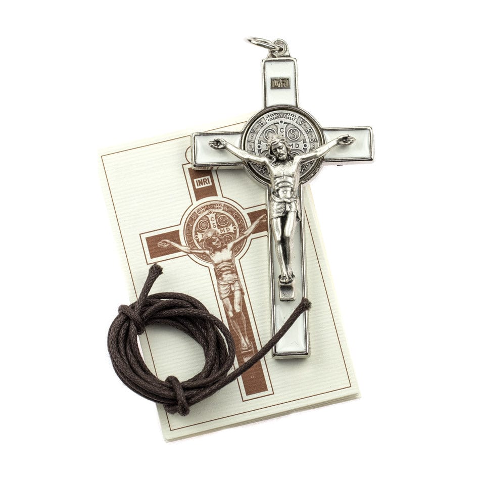 MONDO CATTOLICO White Enamel Saint Benedict Cross with Rope Chain