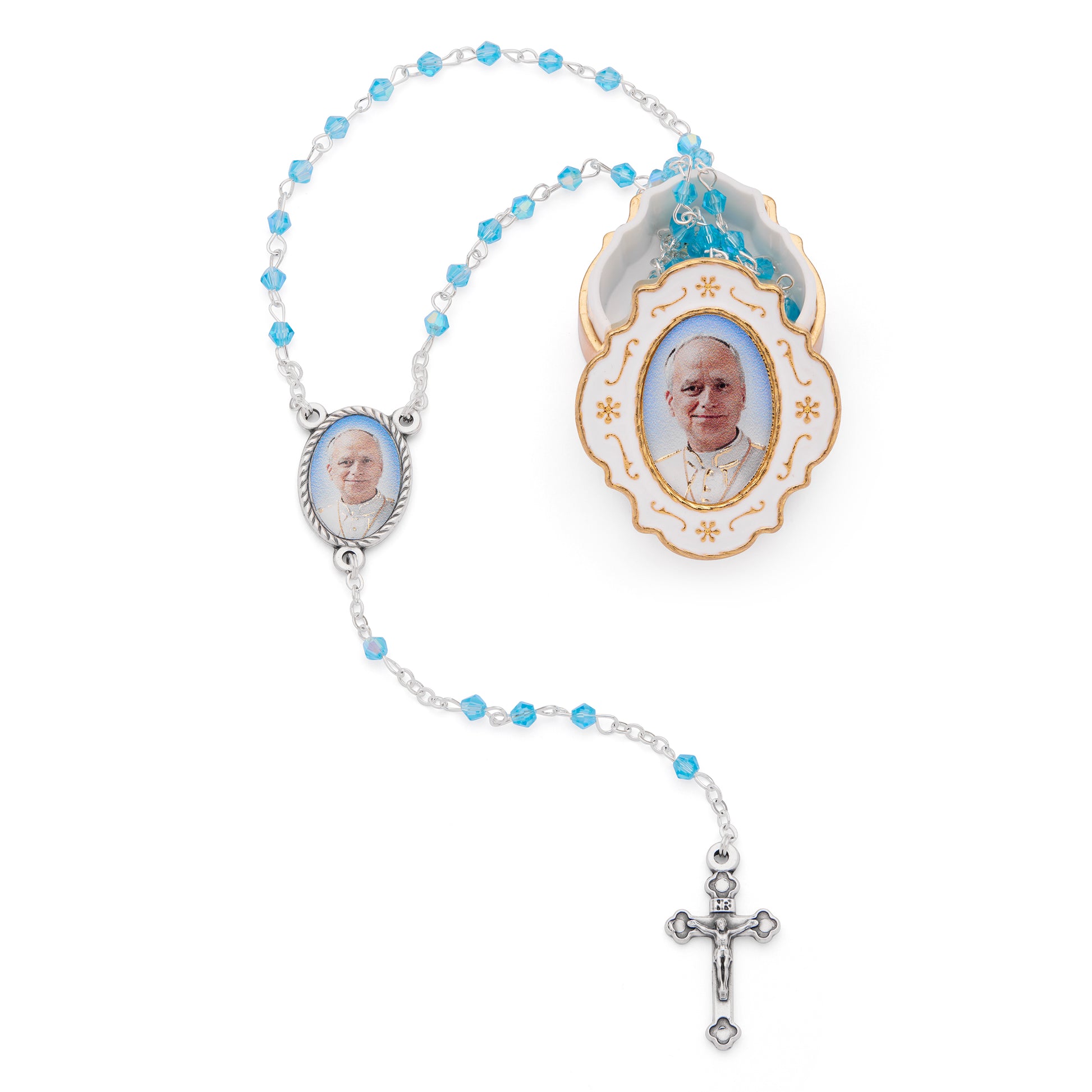 MONDO CATTOLICO ROMA Rosary Box 3 x 3.5 cm (1.18 x 1.38 in) / 42 cm (16.54 in) / 3 mm (0.12 in) White Enameled Pope Leo XIV Rosary Case with Light Blue Rosary