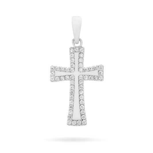Mondo Cattolico Pendant White Gold Cross Pendant With Cubic Zirconia on the Outline