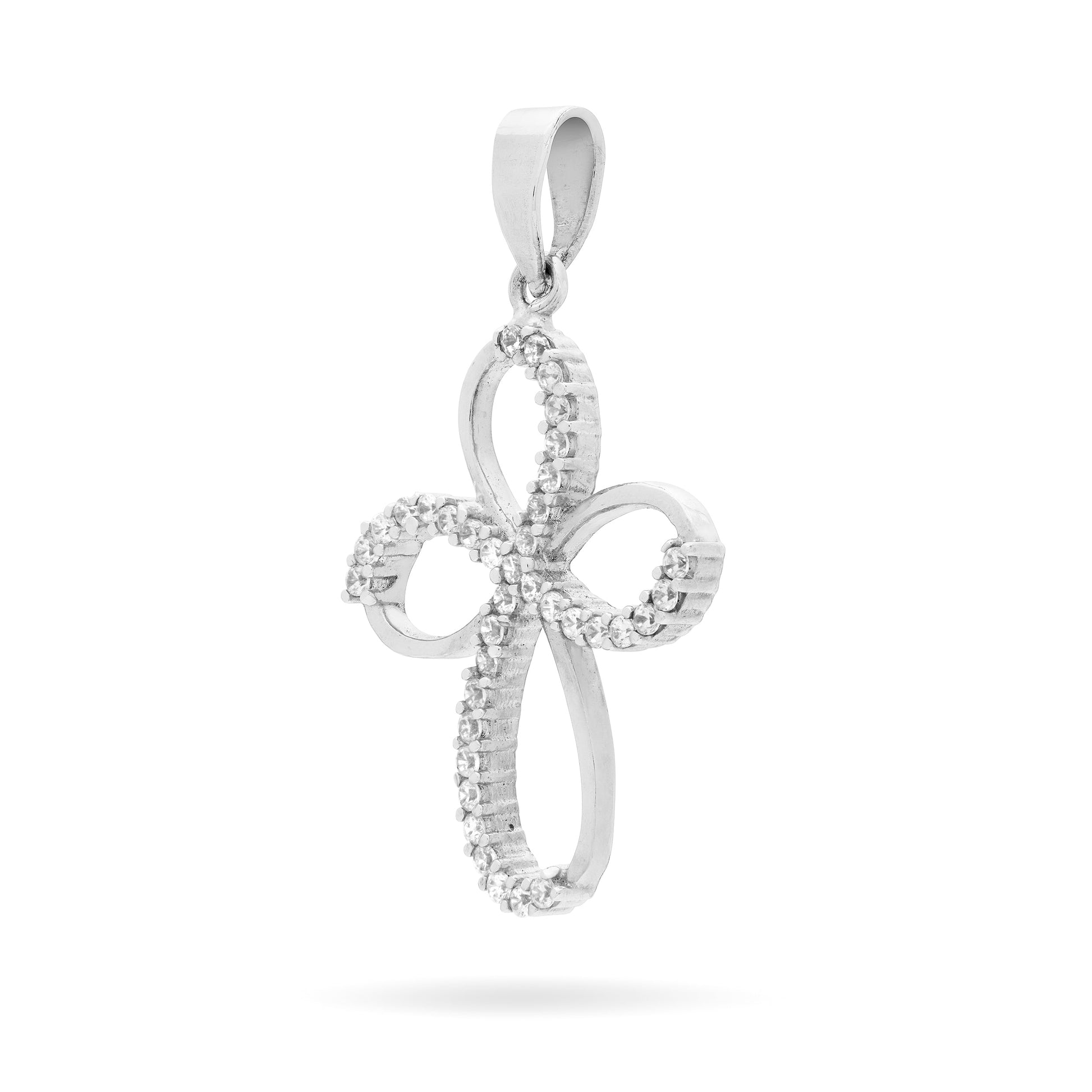 Mondo Cattolico Pendant 23 mm (0.91 in) White Gold Fine Bow Cross With Cubic Zirconia