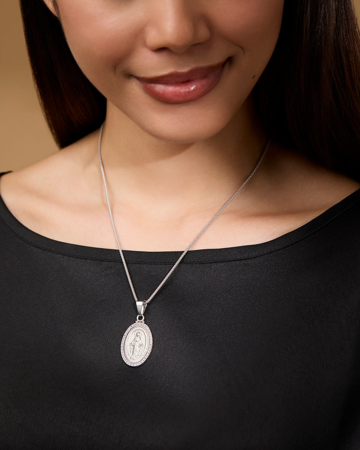 MONDO CATTOLICO ROMA Medal White Gold Miraculous Medal with Cubic Zirconia and Polished Bail