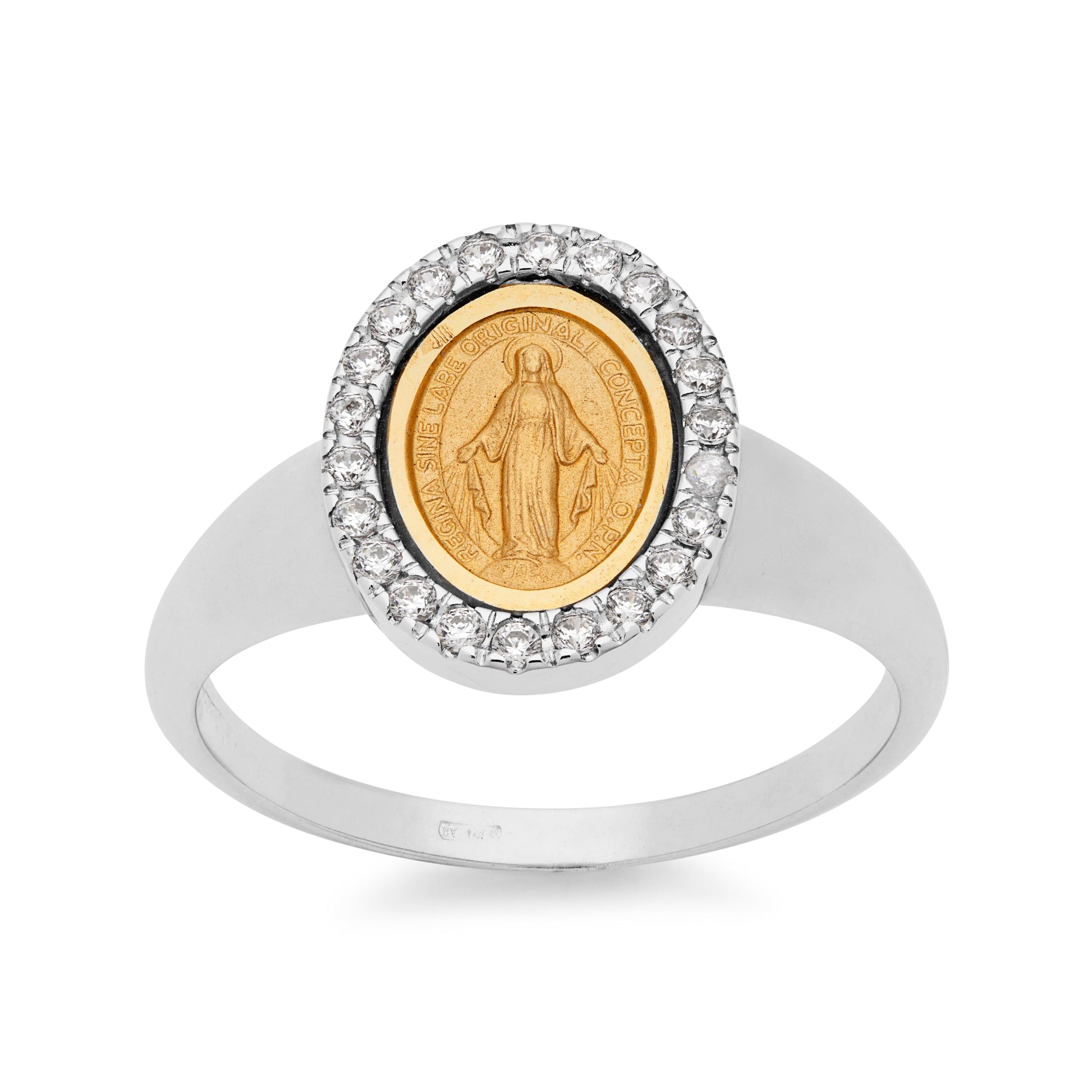 Mondo Cattolico 18.47 mm (0.73 in) White Gold Ring With Miraculous Medal in Gold and Cubic Zirconia Details