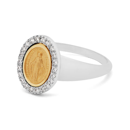 Mondo Cattolico 18.47 mm (0.73 in) White Gold Ring With Miraculous Medal in Gold and Cubic Zirconia Details