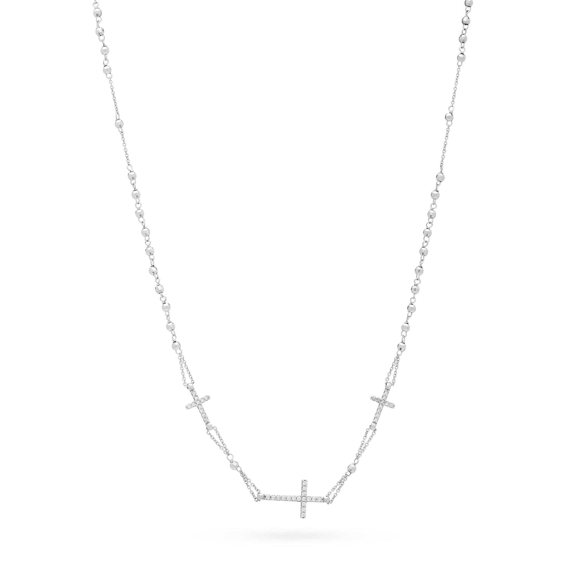 MONDO CATTOLICO Prayer Beads 22.5 cm (8.85 in) / 2 mm (0.07 in) White Gold Rosary Beads Necklace Three Crosses