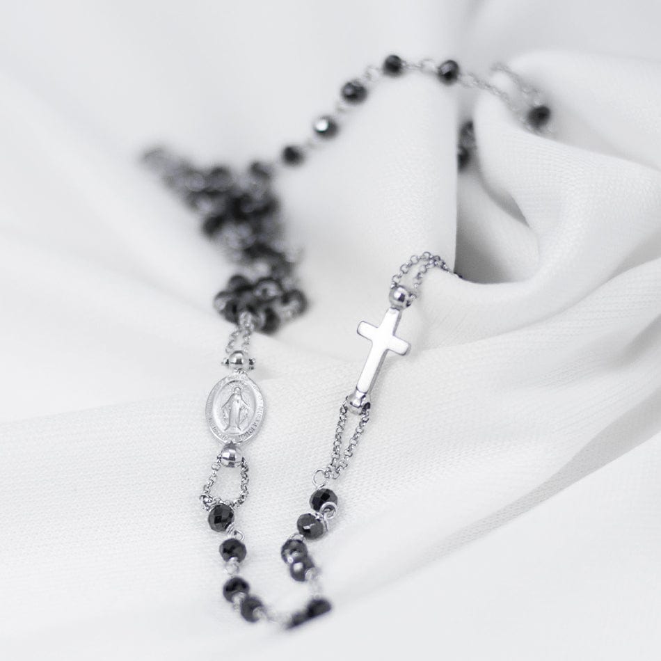 MONDO CATTOLICO Prayer Beads White Gold Rosary Necklace Black Crystals
