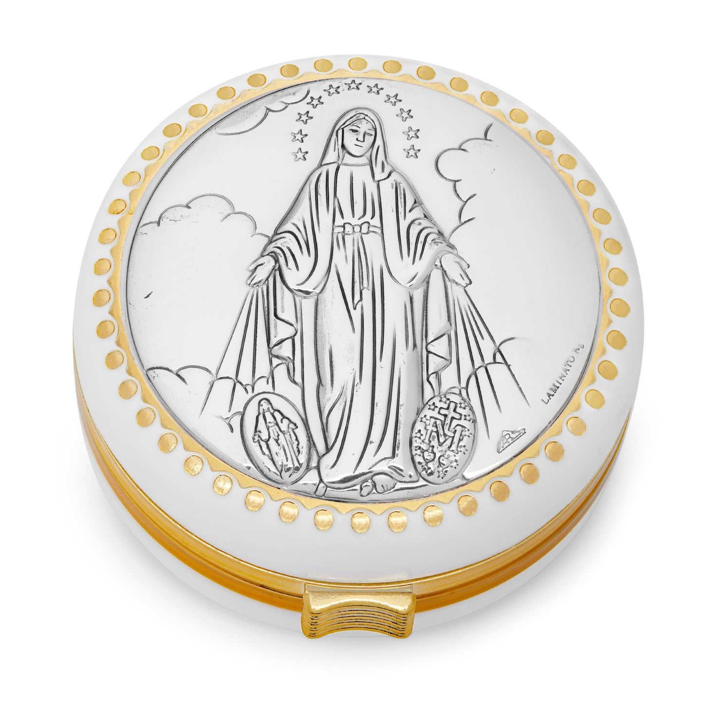 Mondo Cattolico Rosary Box White Rosary Box of Our Lady of the Miraculous Medal With Metal Plaque