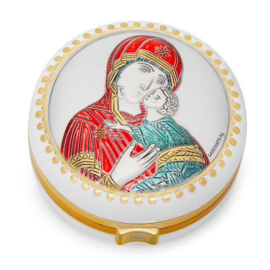 Mondo Cattolico Rosary Box White Rosary Box of Virgin of Vladimir With Metal Plaque and Colorful Details