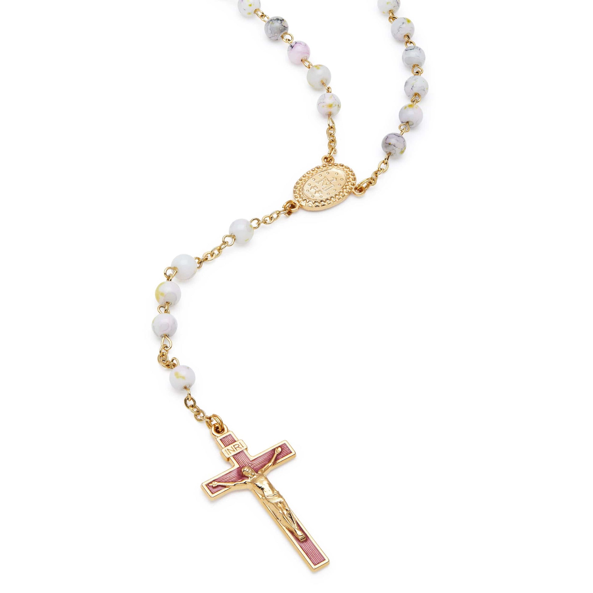 MONDO CATTOLICO Prayer Beads 47 cm (18.5 in) / 6 mm (0.24 in) White variegated glass rosary