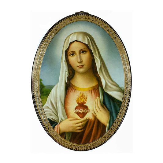 MONDO CATTOLICO Wood Oval Icon Sacred Heart of Mary 5,90" X 3,93"