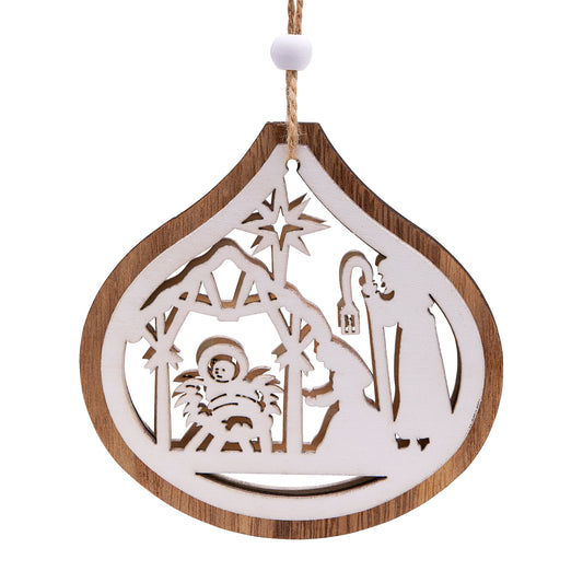Mondo Cattolico Wooden Christmas Decoration in the Shape of a Teardrop With Nativity Scene